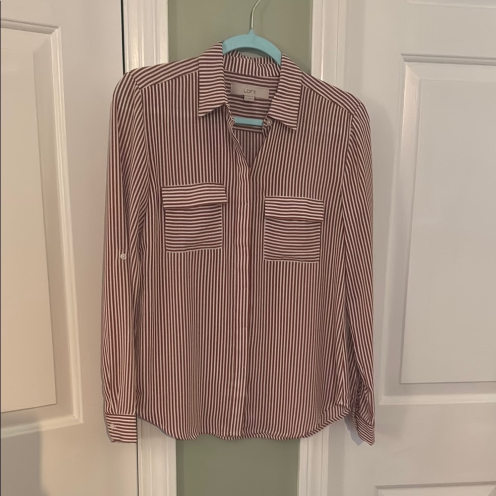 LOFT Red and White Striped Blouse